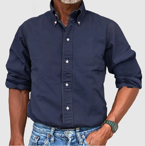 Men denim long sleeve button up shirt with collar, classic casual fit