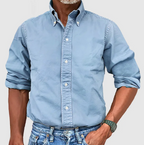 Men denim long sleeve button up shirt with collar, classic casual fit