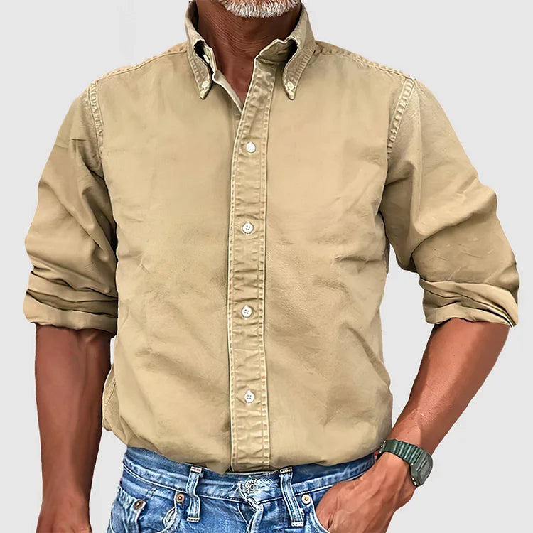 Men denim long sleeve button up shirt with collar, classic casual fit