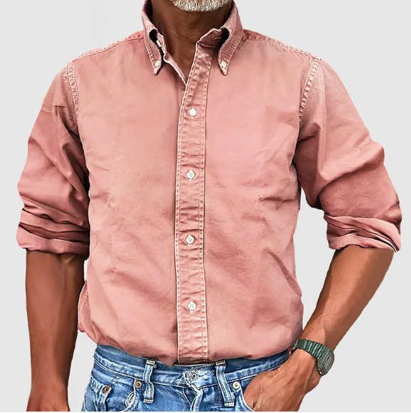 Men denim long sleeve button up shirt with collar, classic casual fit