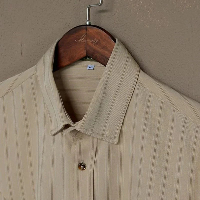 Men long sleeve button up shirt with vertical stripes and collar