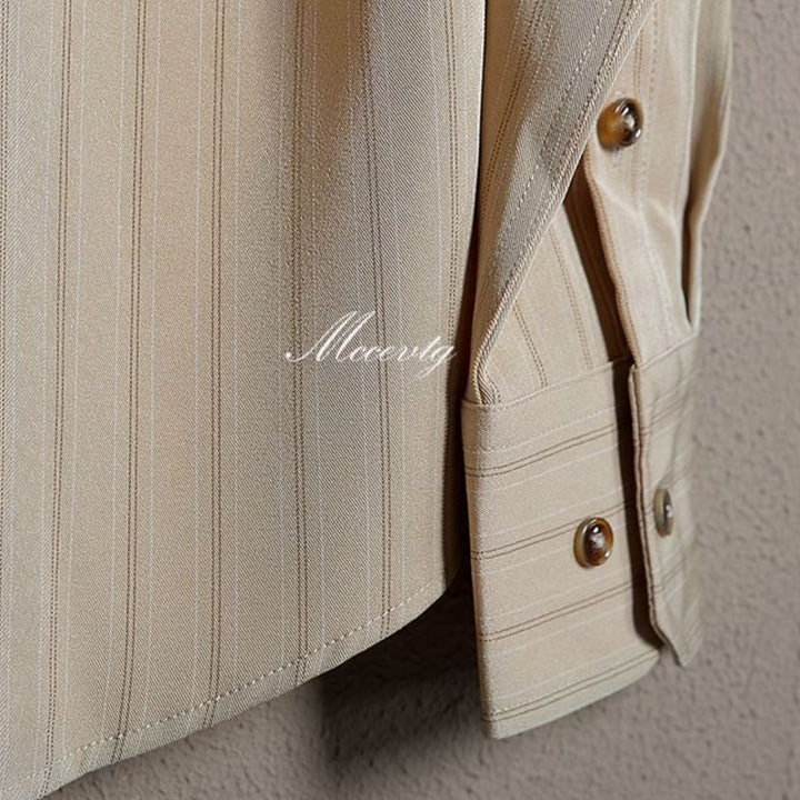 Men long sleeve button up shirt with vertical stripes and collar