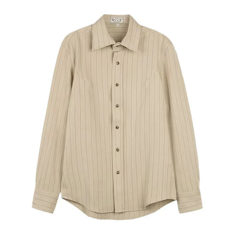 Men long sleeve button up shirt with vertical stripes and collar