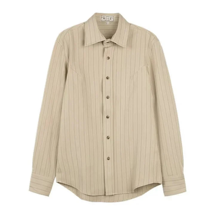 Men long sleeve button up shirt with vertical stripes and collar