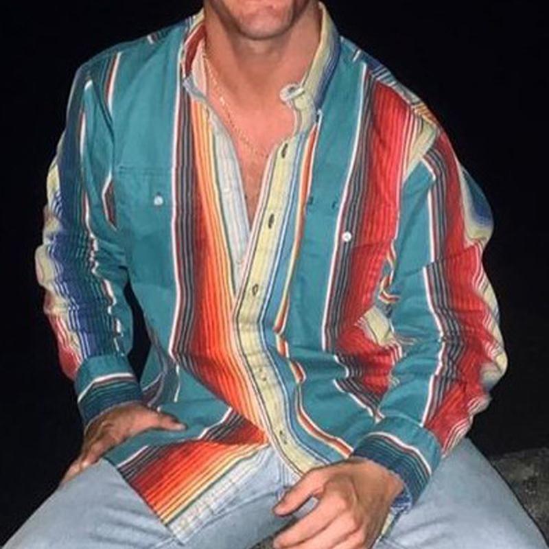 Men button up shirt retro striped colorblock relaxed fit