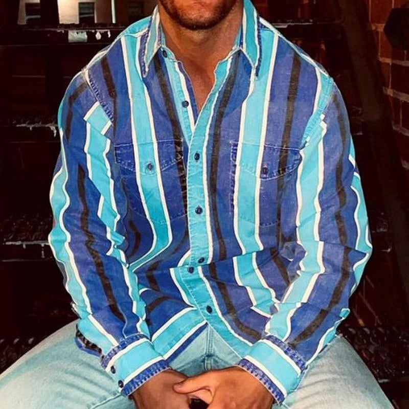 Men button up shirt retro striped colorblock relaxed fit