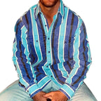 Men button up shirt retro striped colorblock relaxed fit