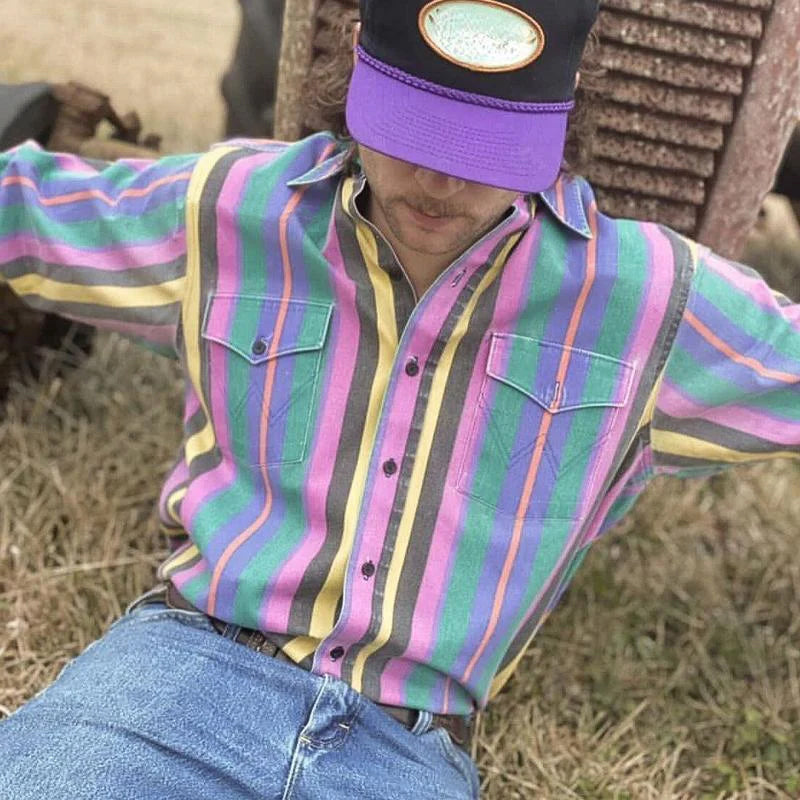 Men button up shirt retro striped colorblock relaxed fit