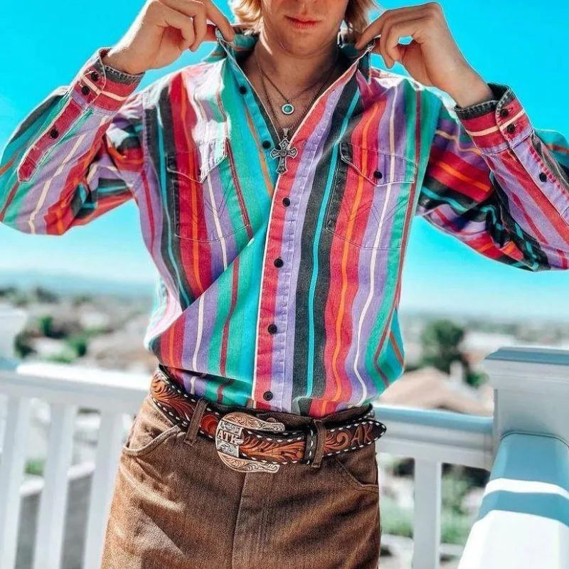 Men button up shirt retro striped colorblock relaxed fit