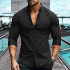 Men slim fit long sleeve button up polo shirt in multiple colors