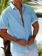 Men short sleeve button-up shirt plaid graphic print with chest pocket
