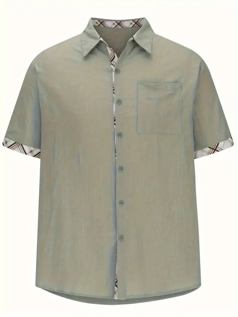 Men short sleeve button-up shirt plaid graphic print with chest pocket