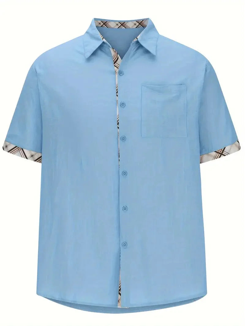 Men short sleeve button-up shirt plaid graphic print with chest pocket