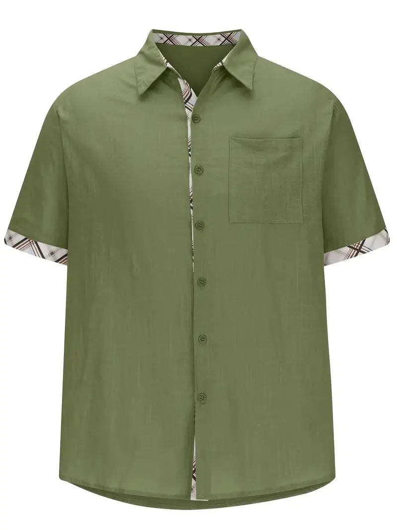 Men short sleeve button-up shirt plaid graphic print with chest pocket