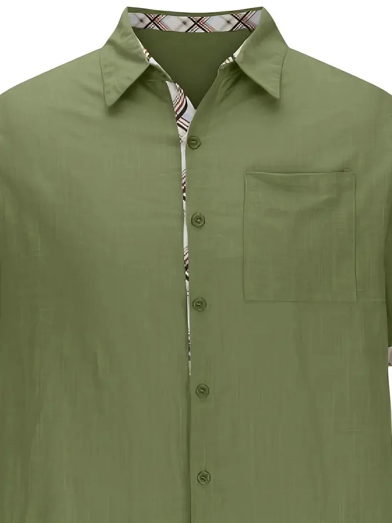 Men short sleeve button-up shirt plaid graphic print with chest pocket