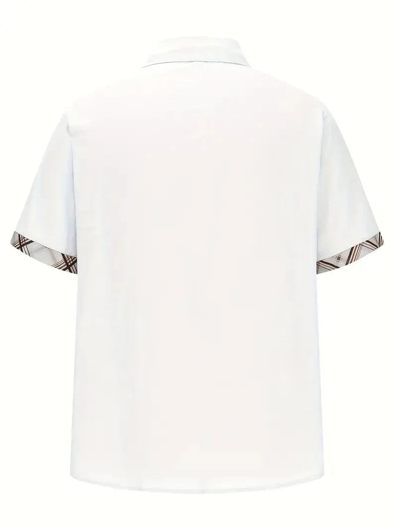 Men short sleeve button-up shirt plaid graphic print with chest pocket
