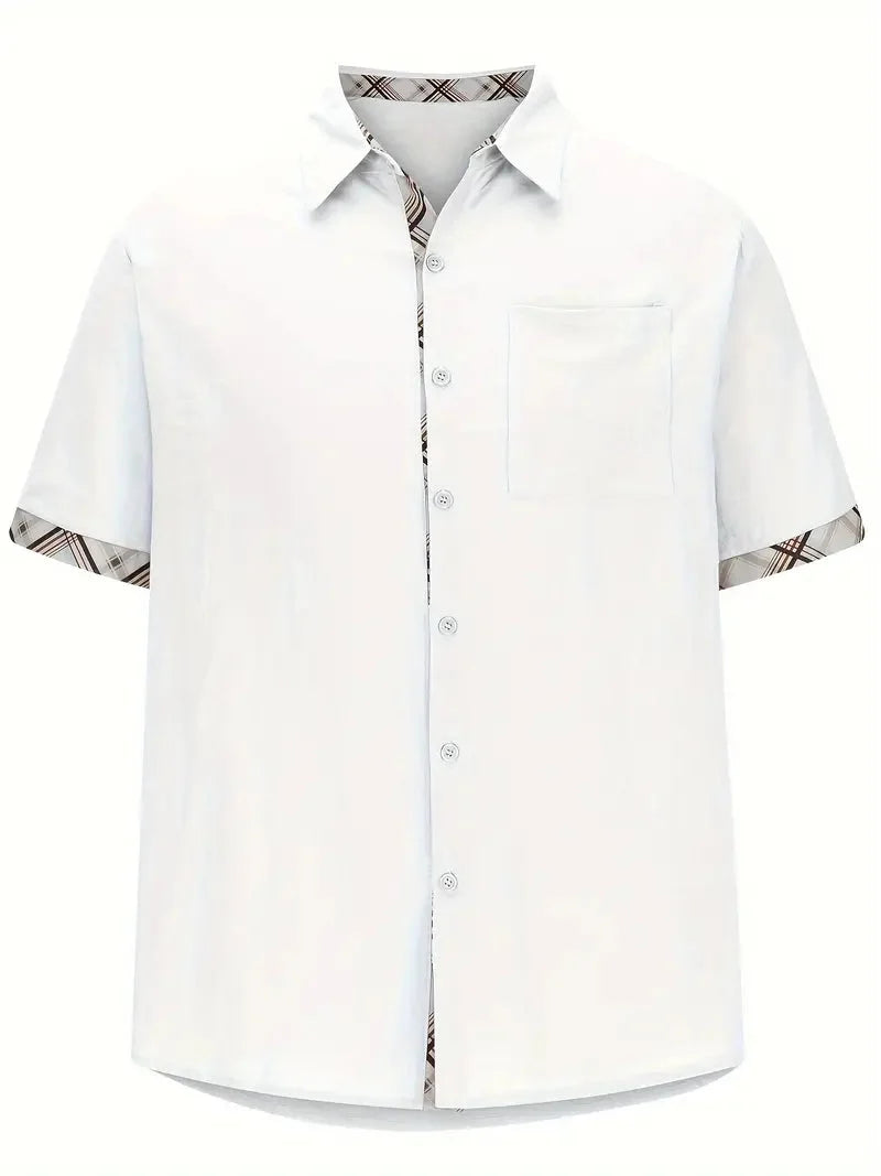 Men short sleeve button-up shirt plaid graphic print with chest pocket