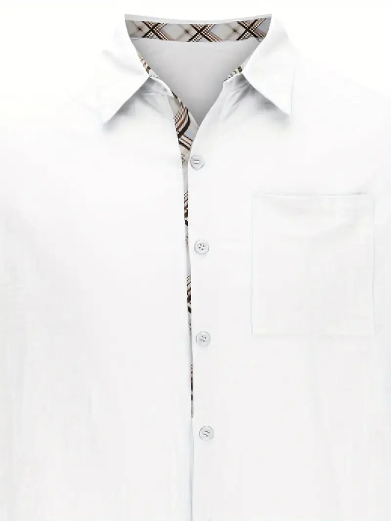 Men short sleeve button-up shirt plaid graphic print with chest pocket