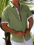 Men short sleeve button-up shirt plaid graphic print with chest pocket