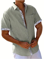 Men short sleeve button-up shirt plaid graphic print with chest pocket