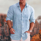 Men linen button up shirt long sleeve spread collar