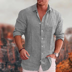 Men linen button up shirt long sleeve spread collar