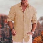 Men linen button up shirt long sleeve spread collar