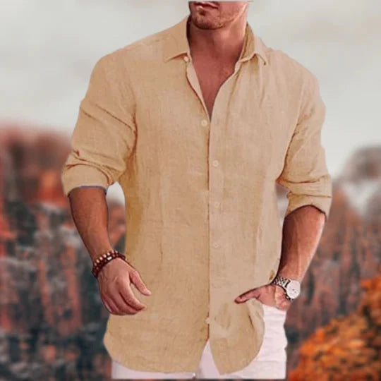 Men linen button up shirt long sleeve spread collar