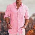 Men linen button up shirt long sleeve spread collar