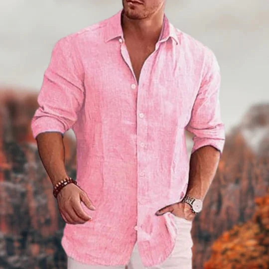 Men linen button up shirt long sleeve spread collar