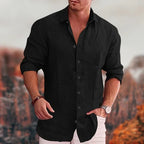 Men linen button up shirt long sleeve spread collar
