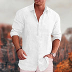 Men linen button up shirt long sleeve spread collar