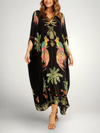 Tropical print dress drop shoulder coconut tree print loose fit vacation resort wear