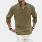 Men's long sleeve casual shirt with Y-neck and roll-up sleeves, solid color