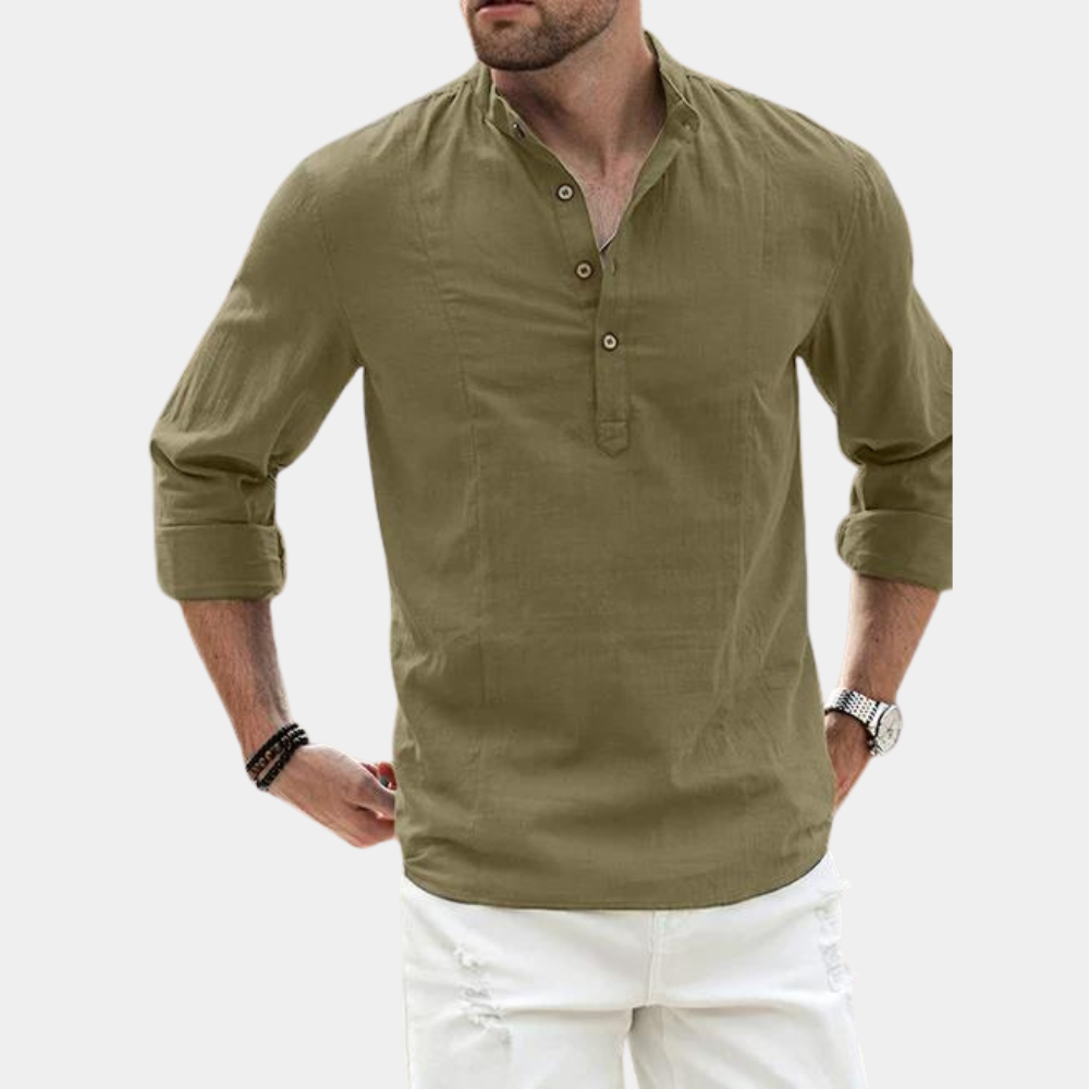 Men's long sleeve casual shirt with Y-neck and roll-up sleeves, solid color