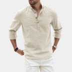 Men's long sleeve casual shirt with Y-neck and roll-up sleeves, solid color