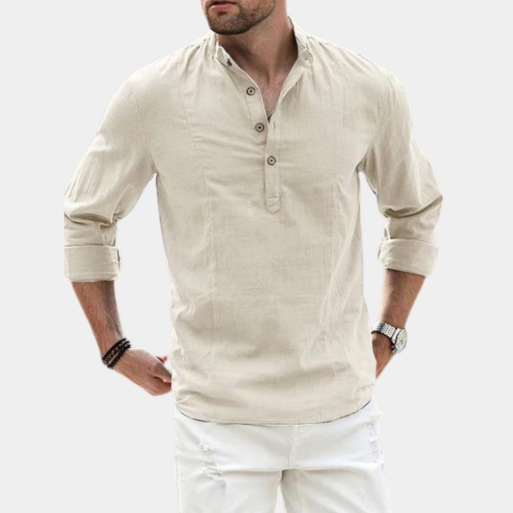 Men's long sleeve casual shirt with Y-neck and roll-up sleeves, solid color