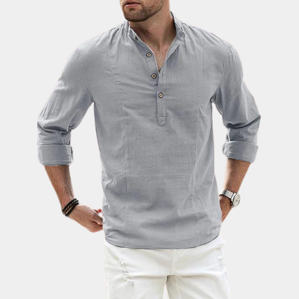 Men's long sleeve casual shirt with Y-neck and roll-up sleeves, solid color
