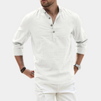 Men's long sleeve casual shirt with Y-neck and roll-up sleeves, solid color