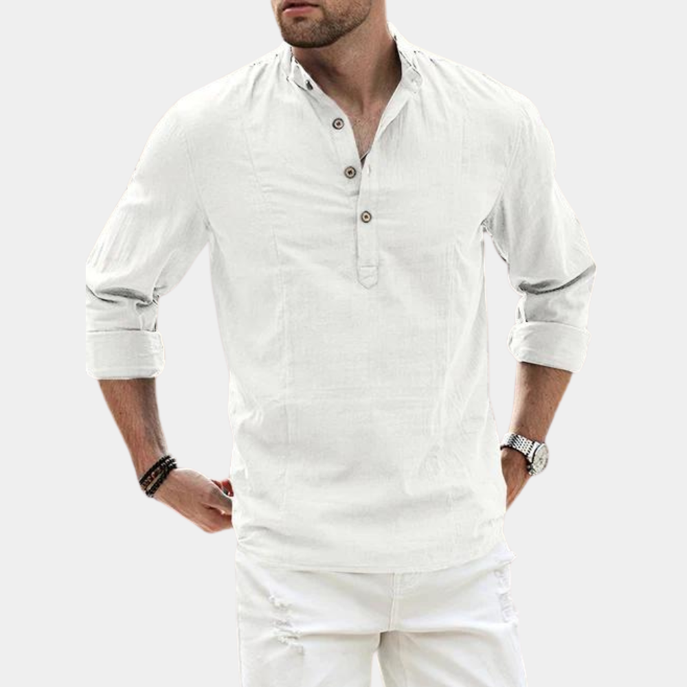 Men's long sleeve casual shirt with Y-neck and roll-up sleeves, solid color