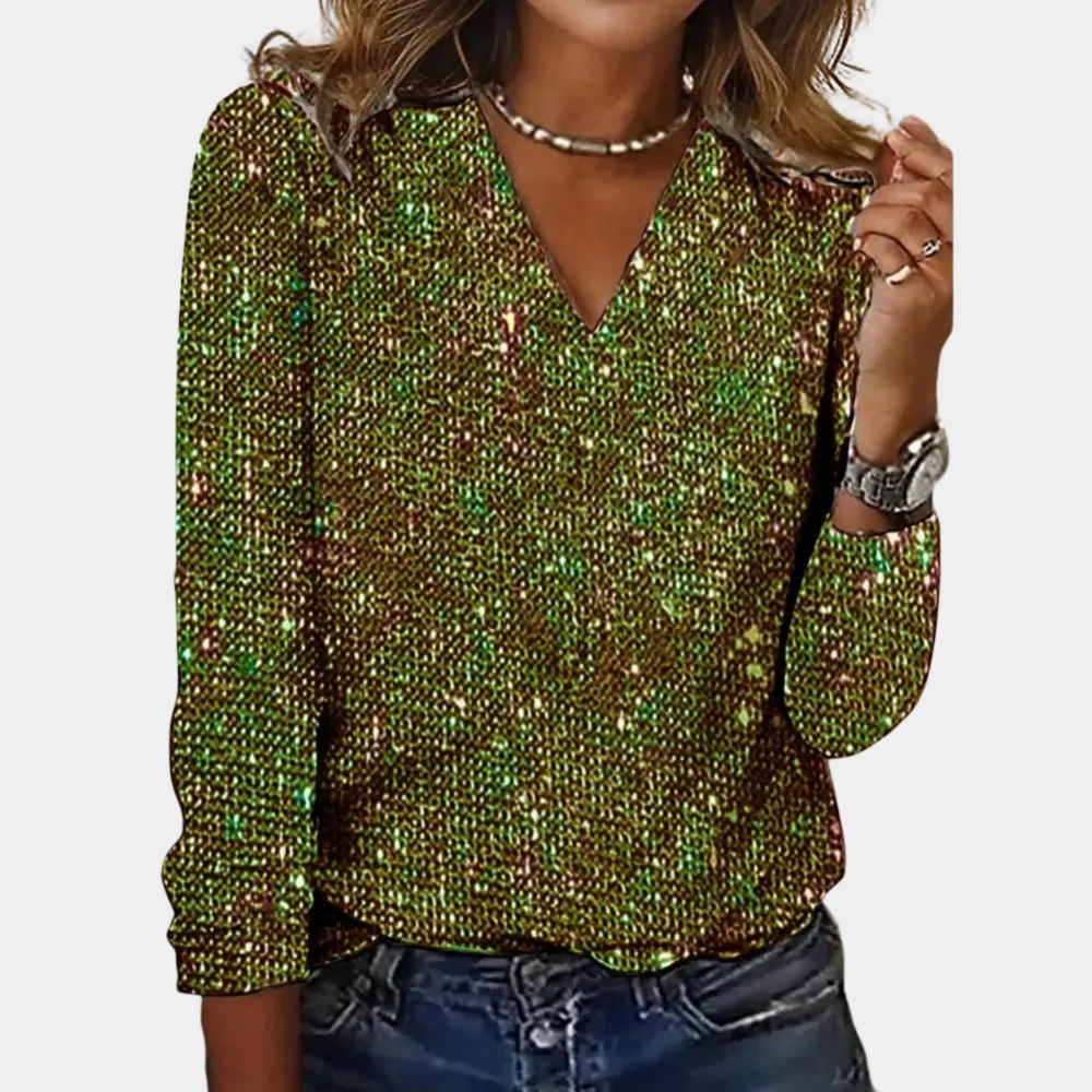 Women's sequin V-neck top glitter party blouse in red green and silver