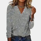 Women's sequin V-neck top glitter party blouse in red green and silver