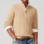 Men cable knit sweater quarter zip mock neck long sleeve