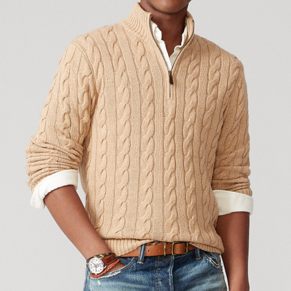 Men cable knit sweater quarter zip mock neck long sleeve