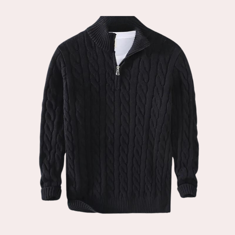 Men cable knit sweater quarter zip mock neck long sleeve