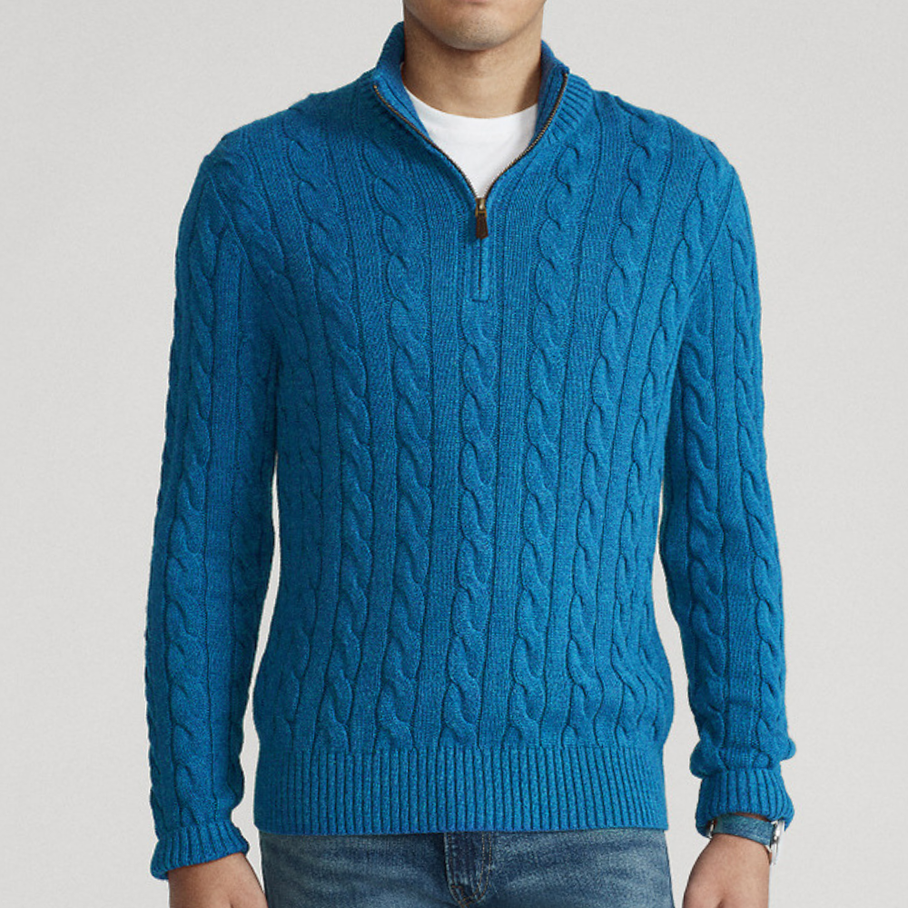 Men cable knit sweater quarter zip mock neck long sleeve