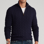 Men cable knit sweater quarter zip mock neck long sleeve