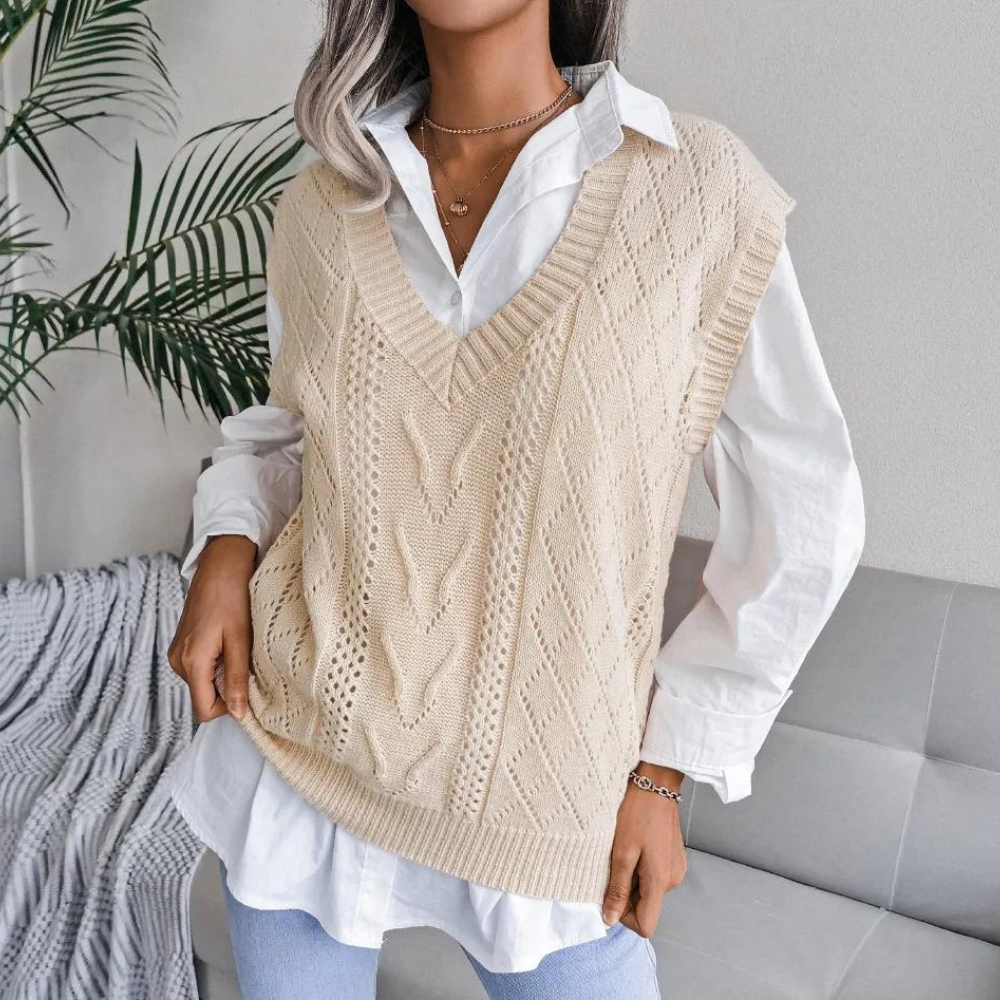 Women's sleeveless fitted vest in blue, apricot and grey, lightweight layering piece