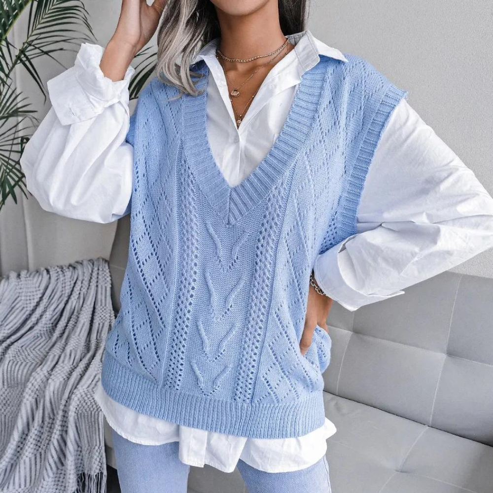 Women's sleeveless fitted vest in blue, apricot and grey, lightweight layering piece