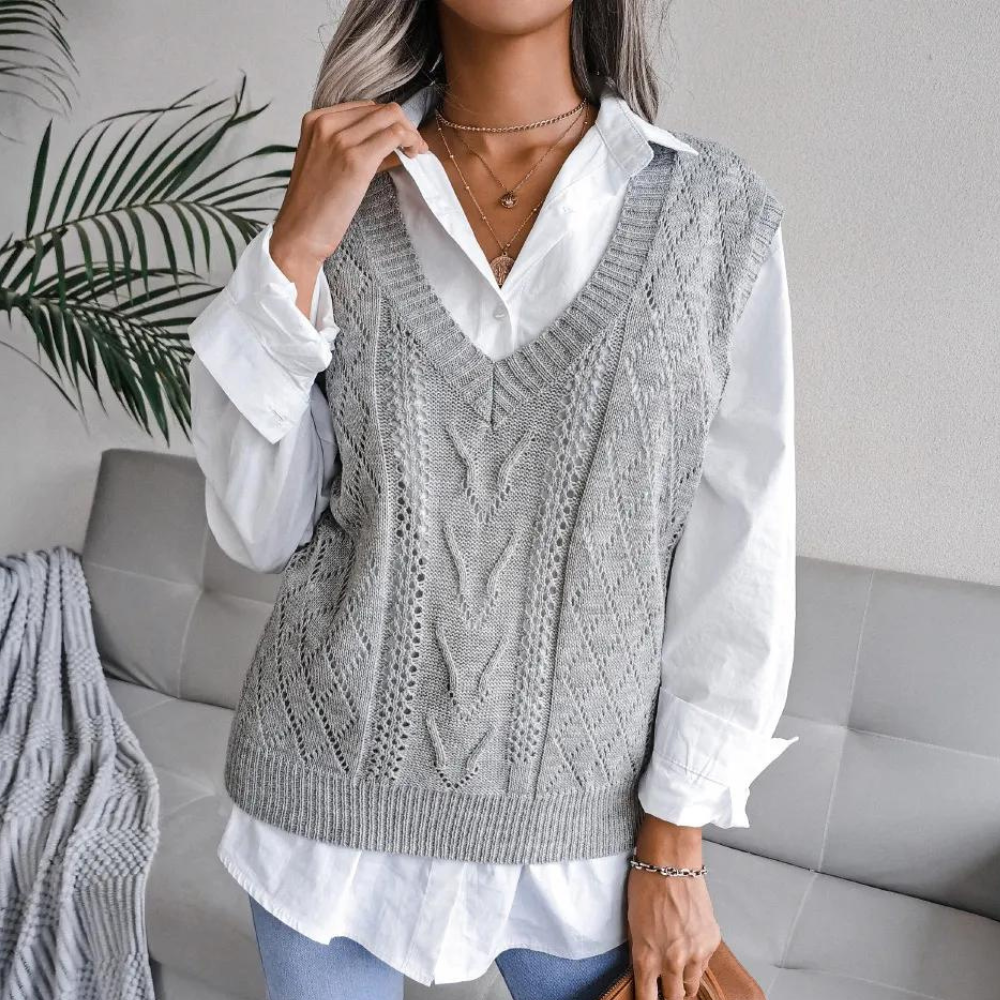 Women's sleeveless fitted vest in blue, apricot and grey, lightweight layering piece